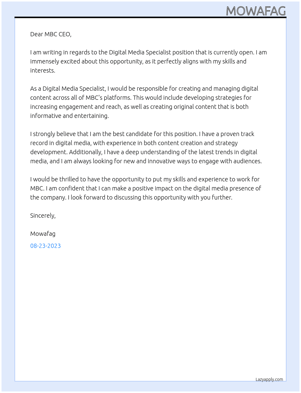Digital media specialist At Mbc Cover Letter