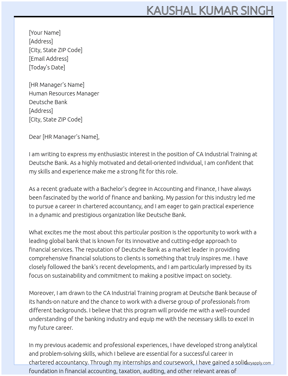 CA Industrial Training At Deutsche Bank Cover Letter