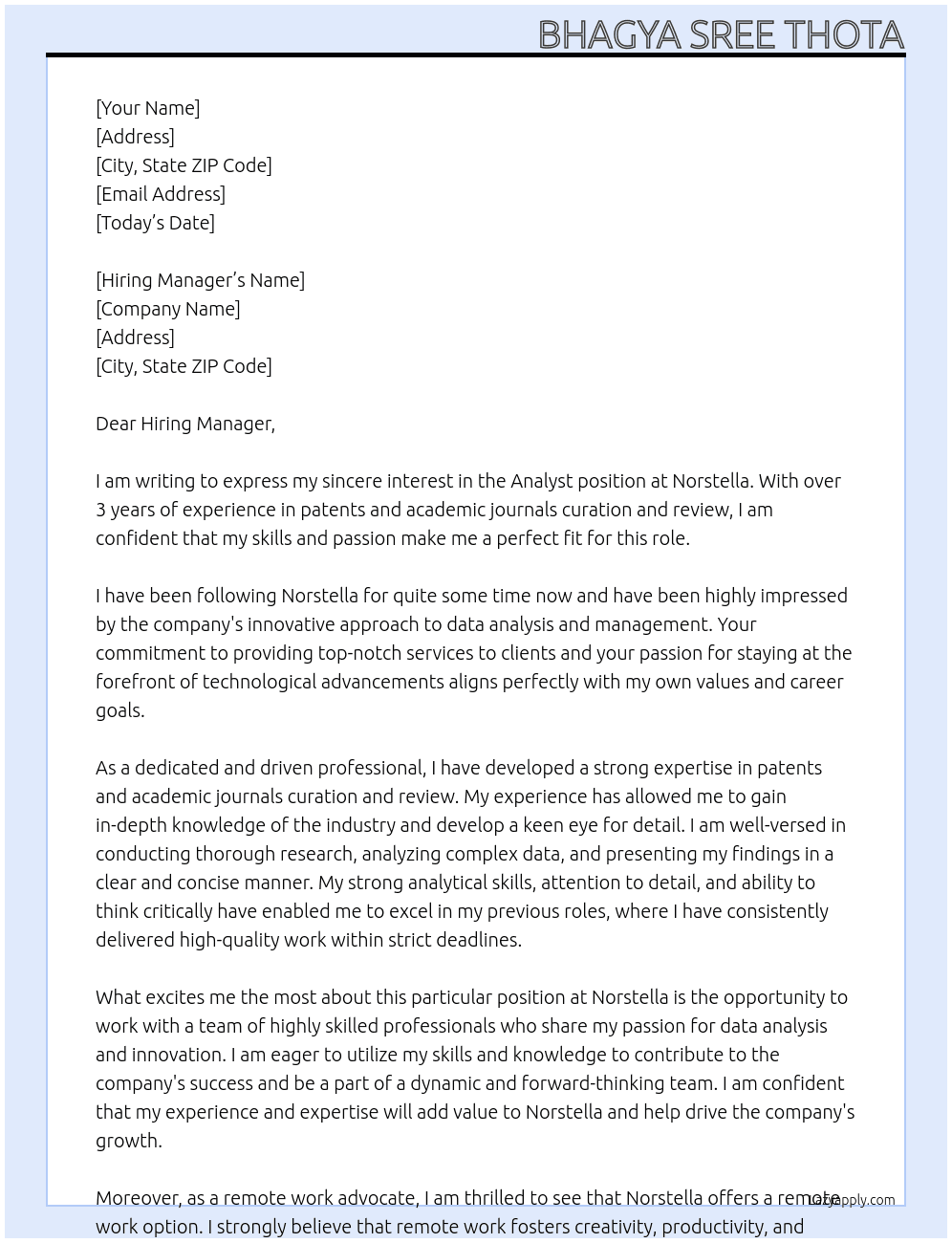 Analyst At Norstella Cover Letter