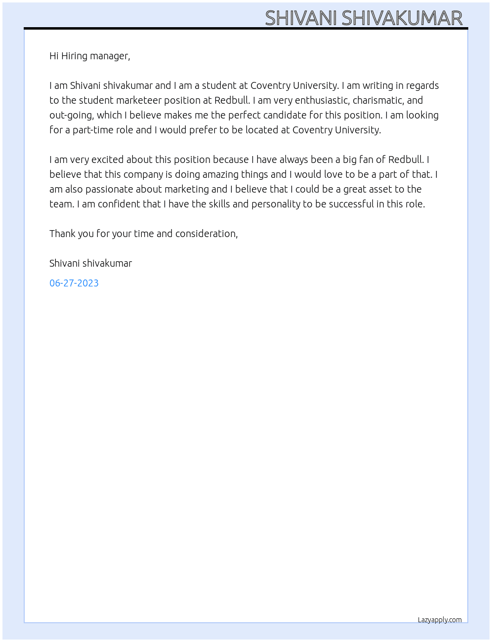 student marketeer At Redbull  Cover Letter