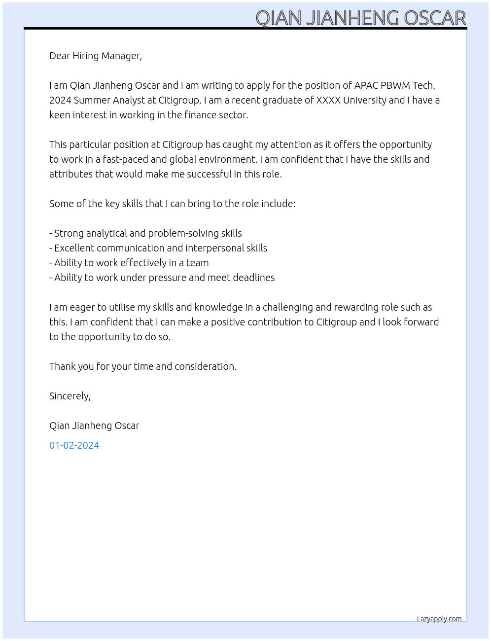 APAC PBWM Tech, 2024 Summer Analyst  At Citigroup Cover Letter