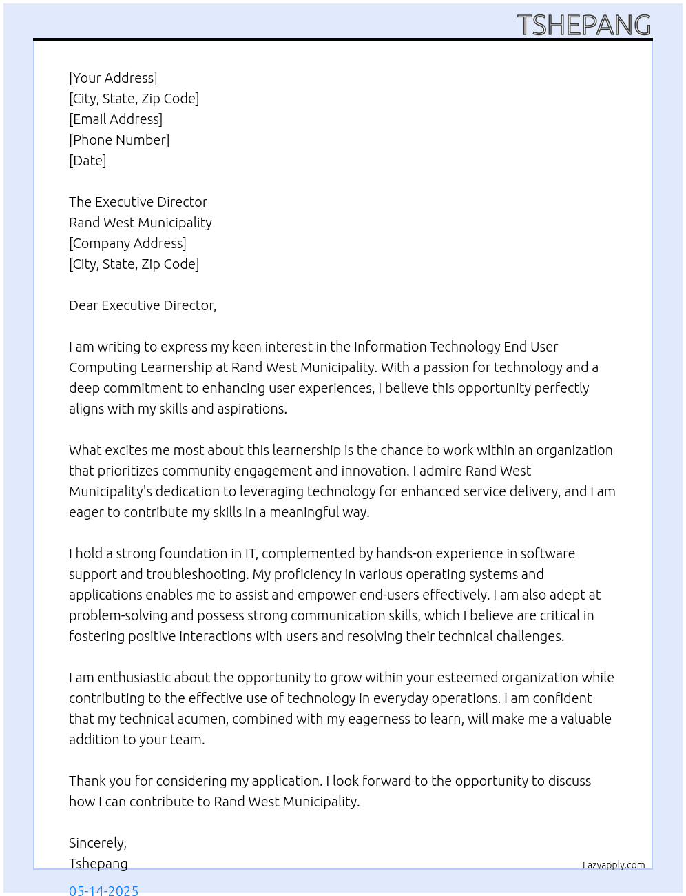 Cover letter for information technology end user computing learnership - LazyApply