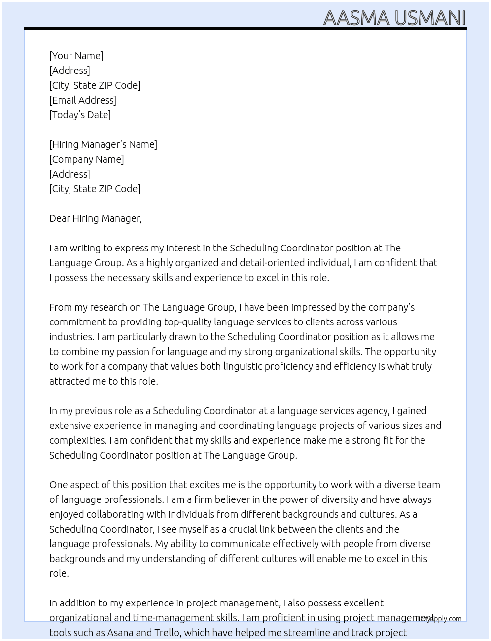 Scheduling Coordinator At The Language Group Cover Letter
