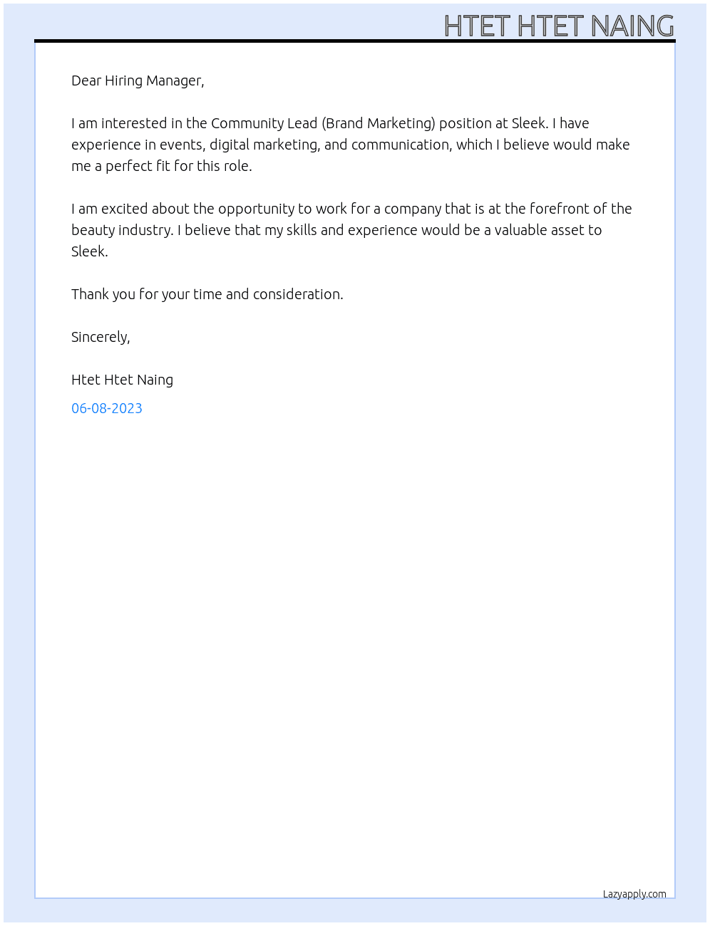 Community Lead (Brand Marketing) At Sleek Cover Letter