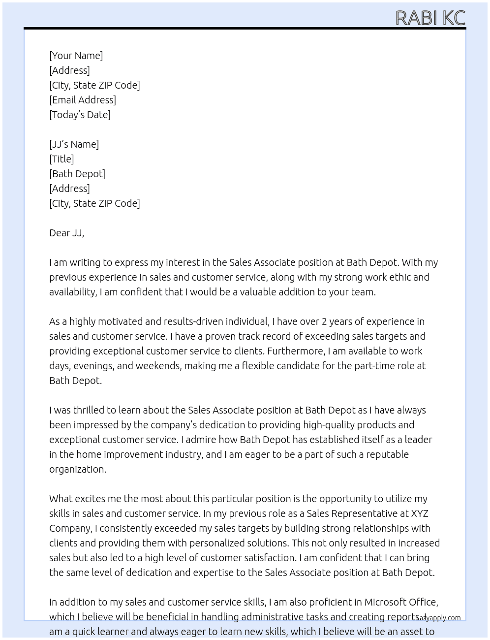 Sales Associate At Bath Depot  Cover Letter