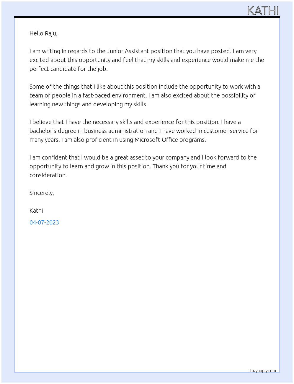 Junior Assistant At Raju Cover Letter