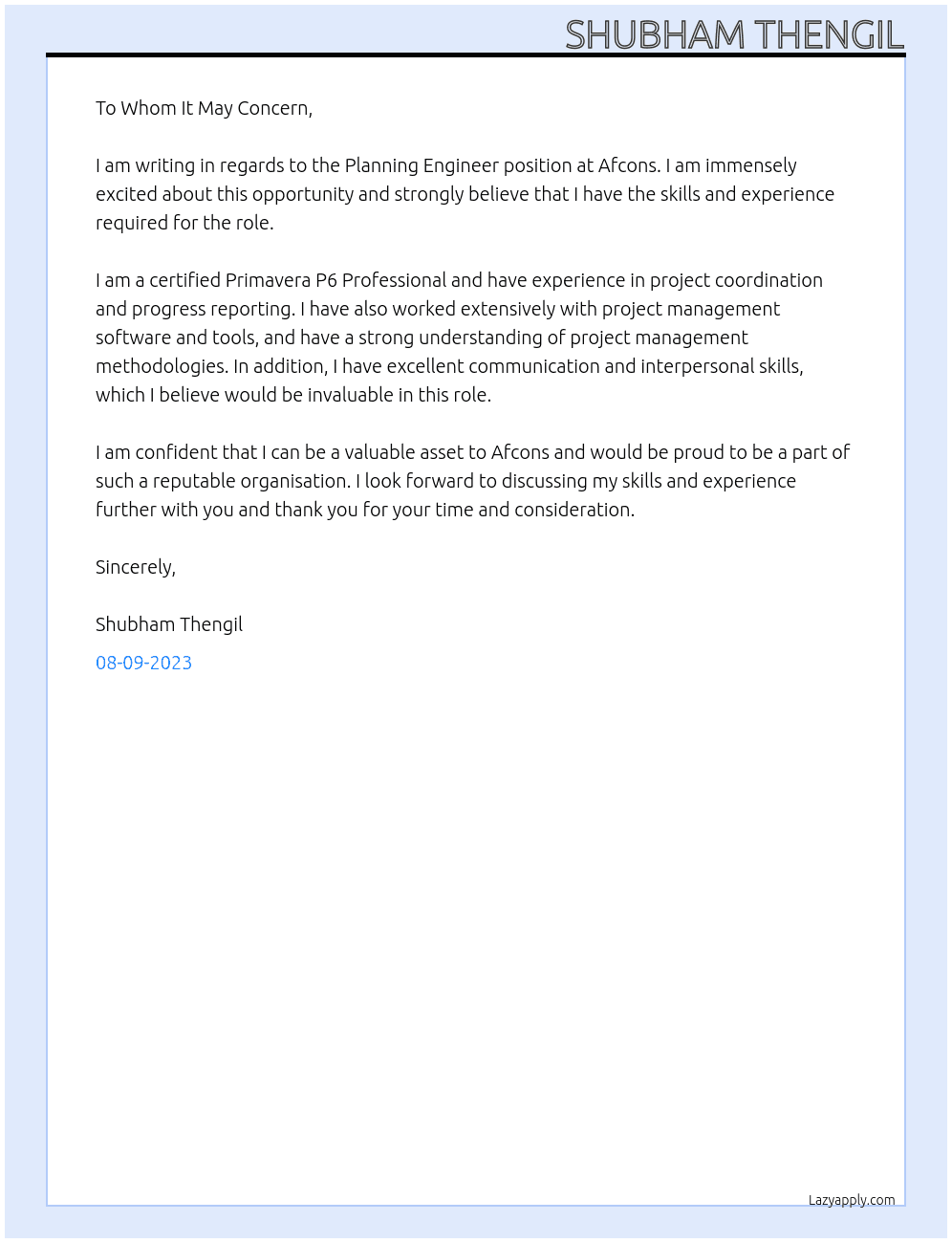 Planning Engineer At Afcons  Cover Letter
