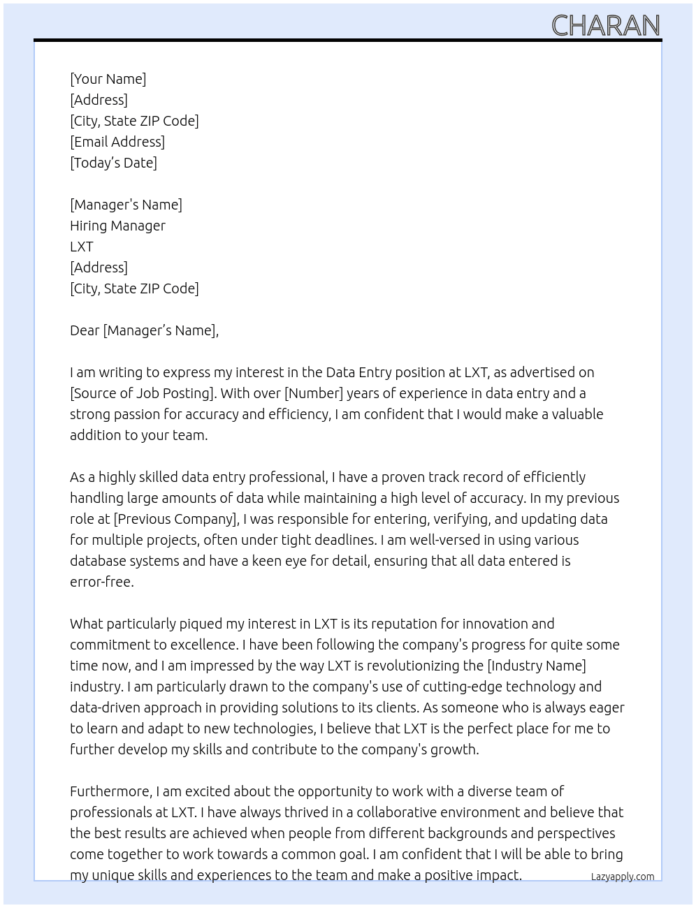 Data Entry  At LXT Cover Letter