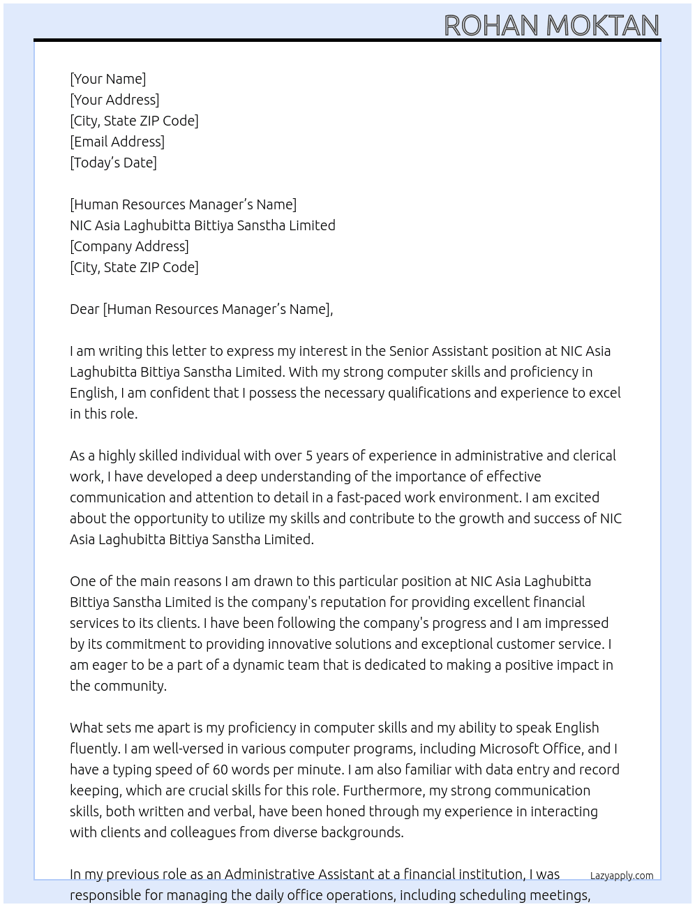 Cover letter for senior assistant - LazyApply