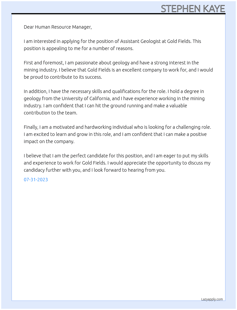 Assistant : Geology At Gold Fields Cover Letter