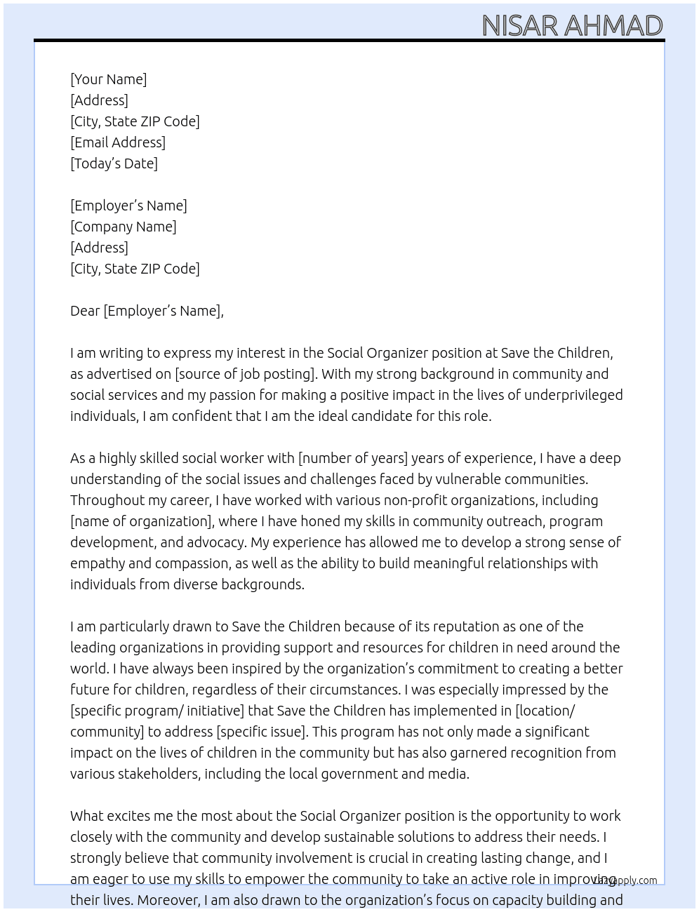 Social organizer At Save the children  Cover Letter