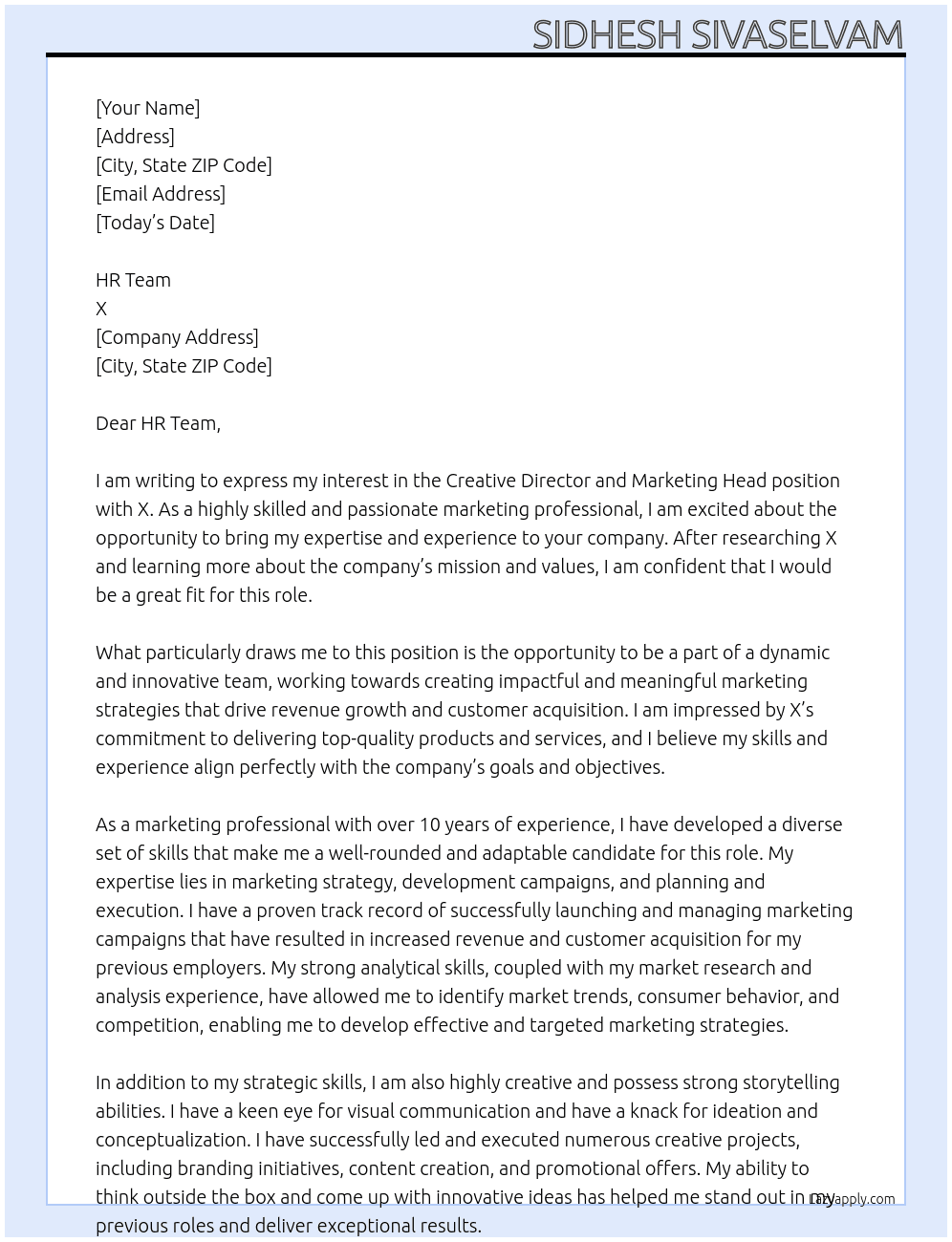 Cover letter for creative director and marketing head - LazyApply