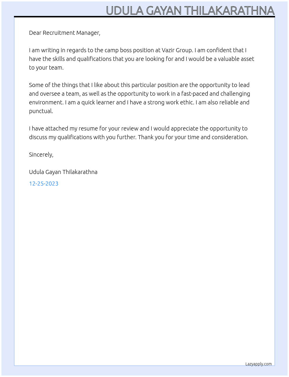 camp boss At Vazir Group Cover Letter