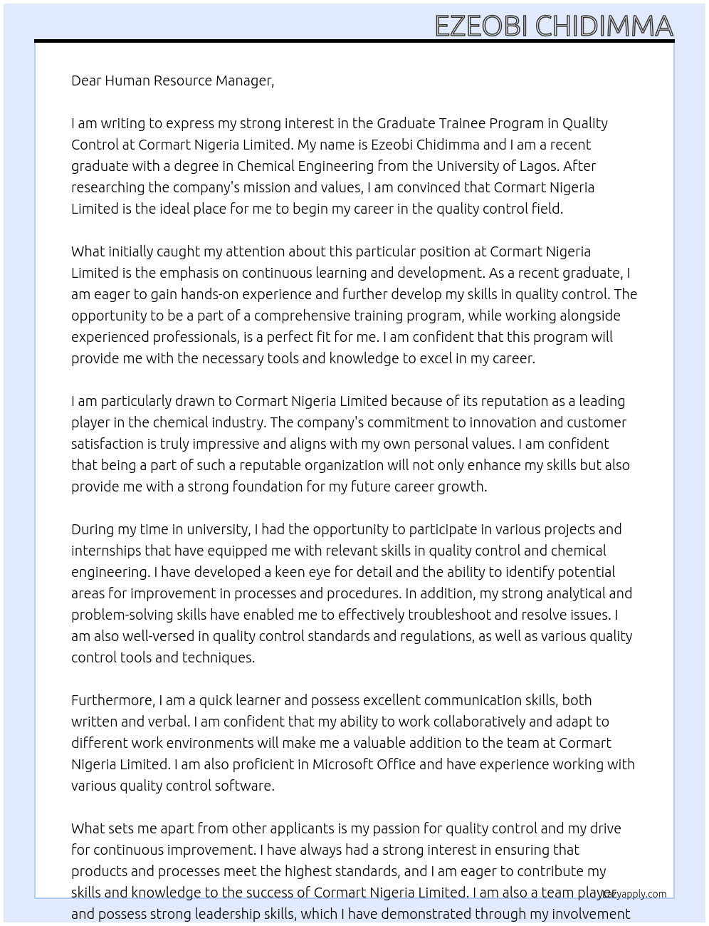 Graduate Trainee Program in Quality Control At Cormart Nigeria Limited Cover Letter