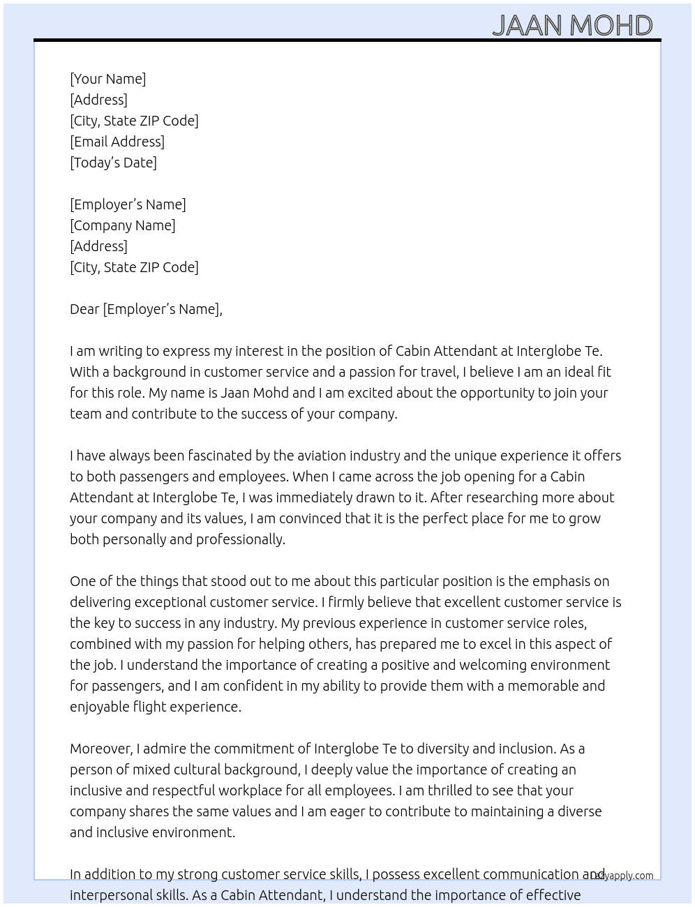 Cabin attendant  At Interglobe Te Cover Letter