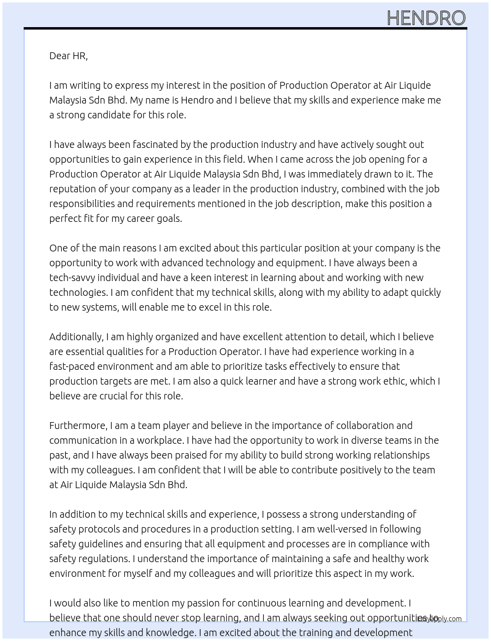 Production Operator At Air Liquide Malaysia Sdn Bhd Cover Letter