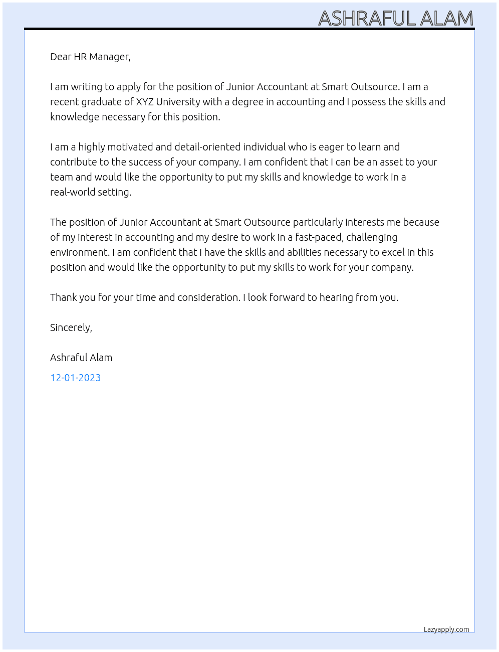 junior accountant At smart outsource Cover Letter