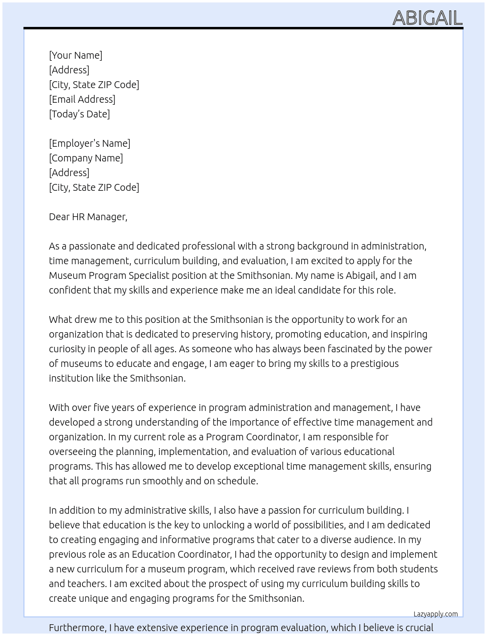 Museum Program Specialist At Smithsonian  Cover Letter