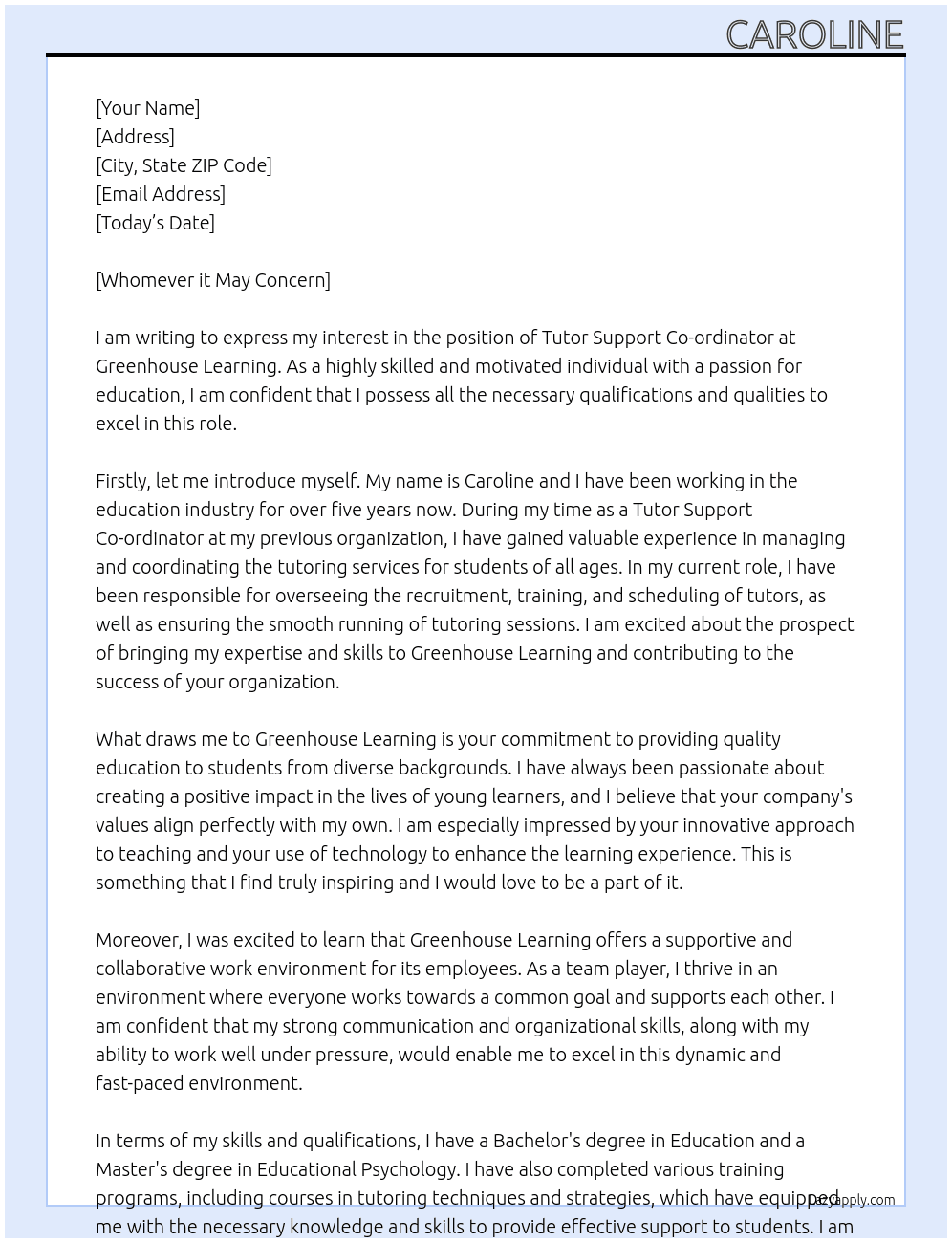 Tutor support Co-ordinator At Greenhouse Learning Cover Letter