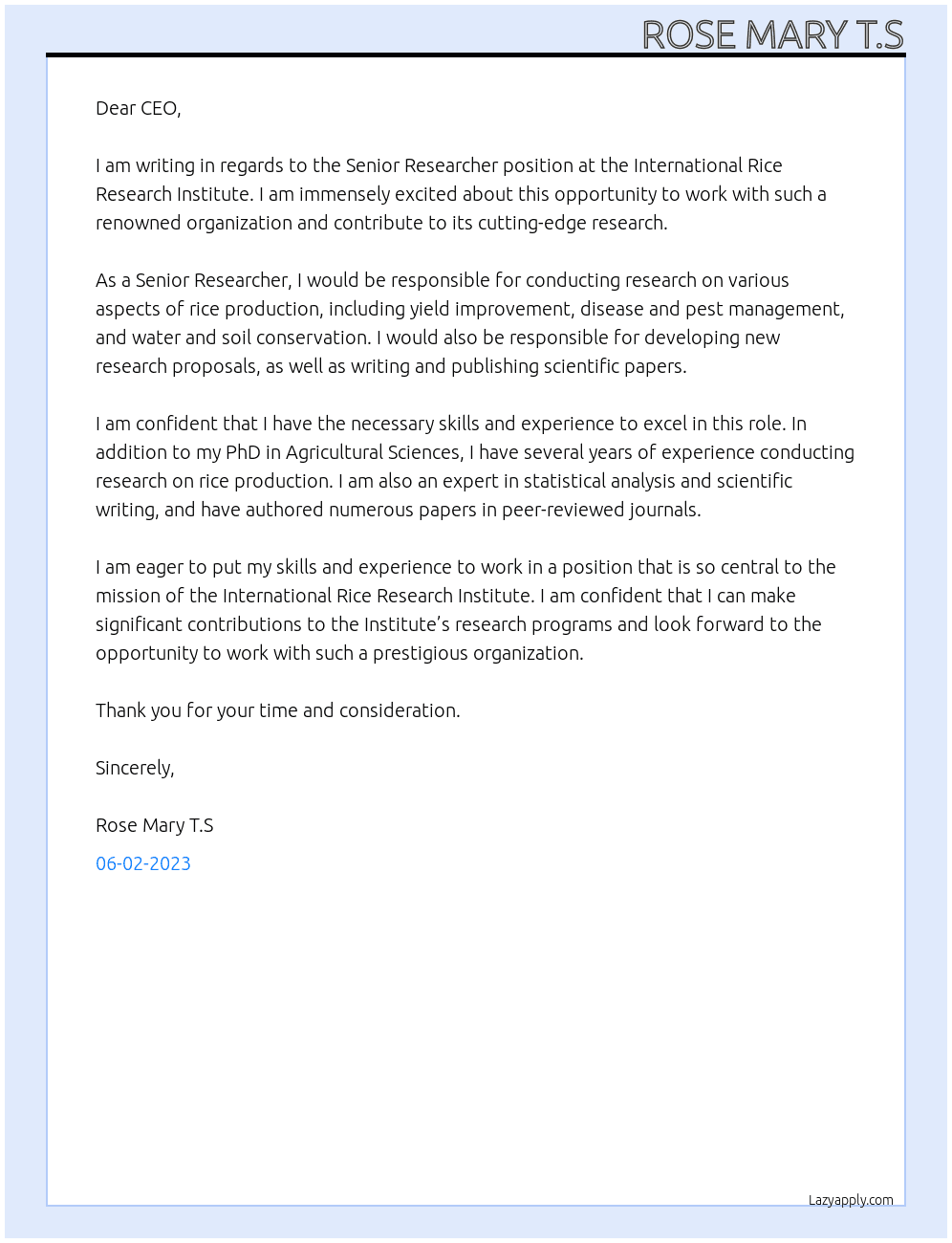 Senior researcher  At International Rice Research institute Cover Letter