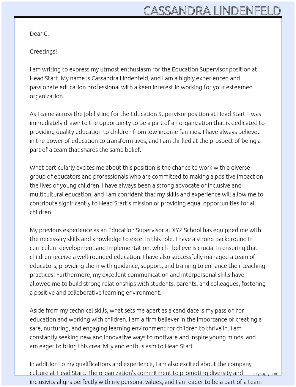 Education Supervisor  At Head Start Cover Letter