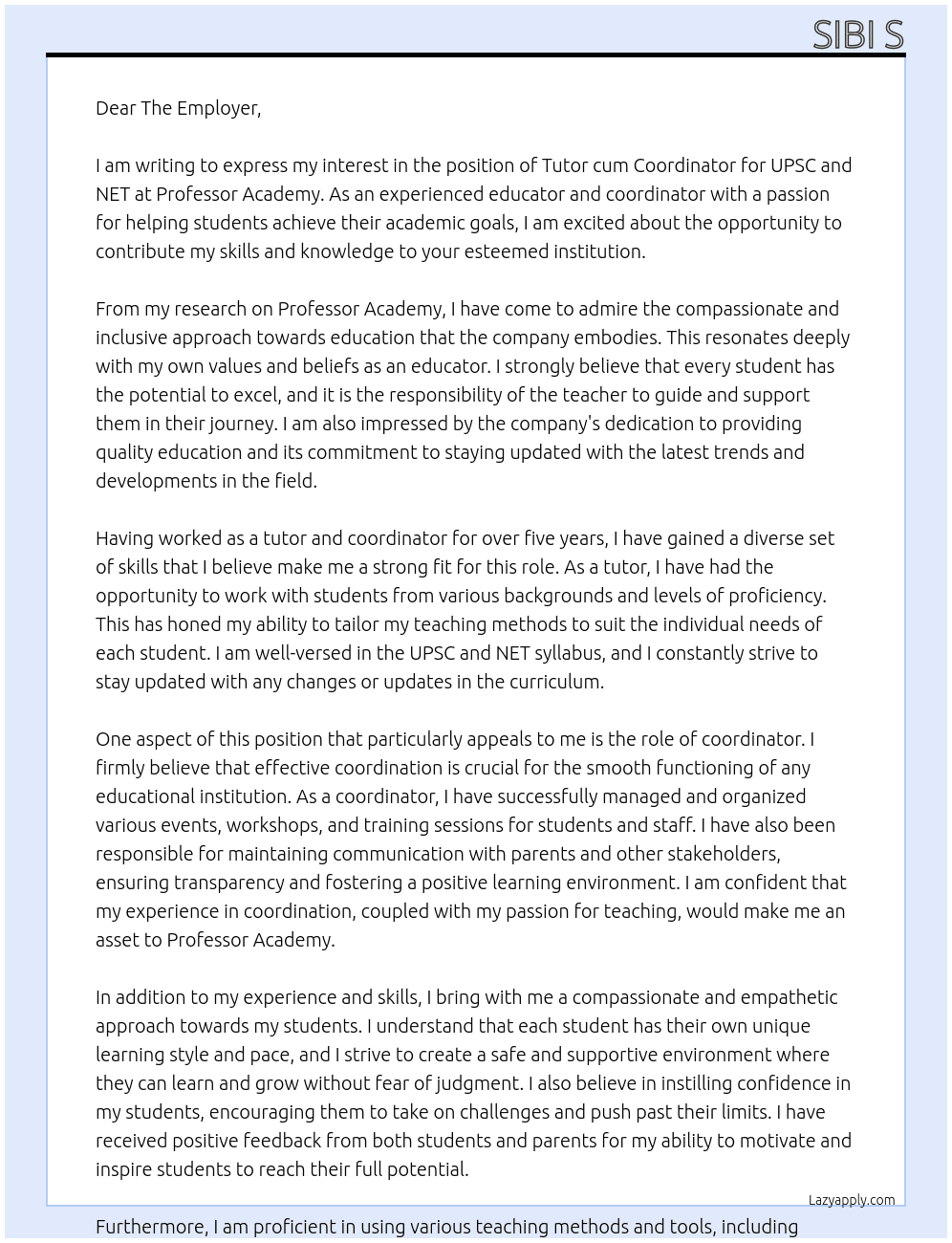 Tutor cum Coordinator for UPSC and NET At Professor Academy Cover Letter