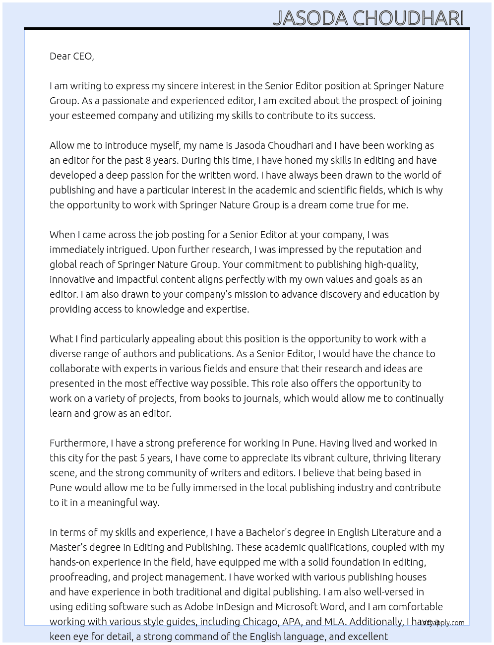 Senior editor  At Springer nature group  Cover Letter