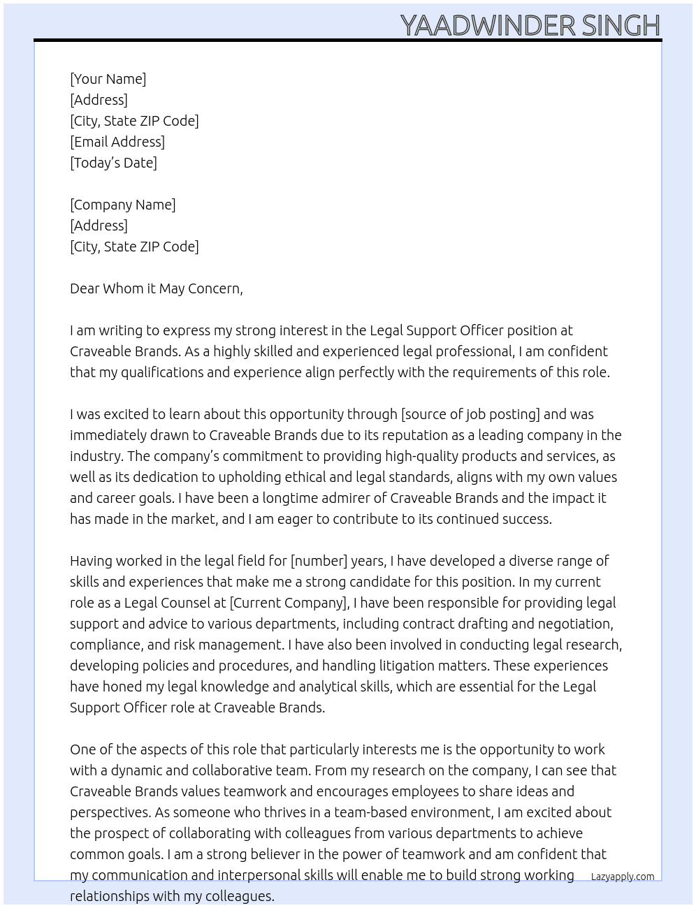 Legal Support Officer At Craveable Brands Cover Letter