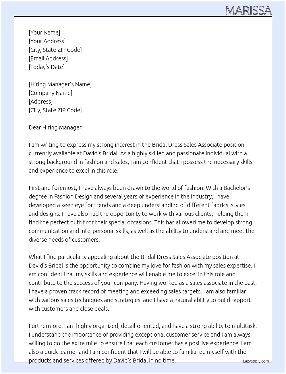 Bridal dress sales associate  At David's Bridal Cover Letter