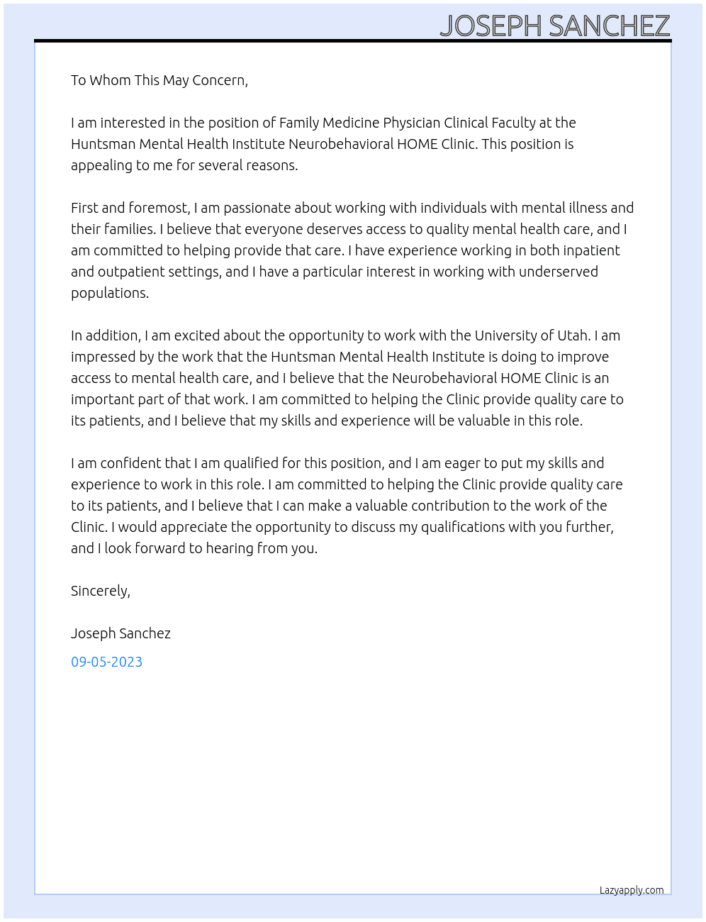 Family Medicine Physician Clinical Faculty; Huntsman Mental Health Institute Neurobehavioral HOME Clinic At university of utah Cover Letter