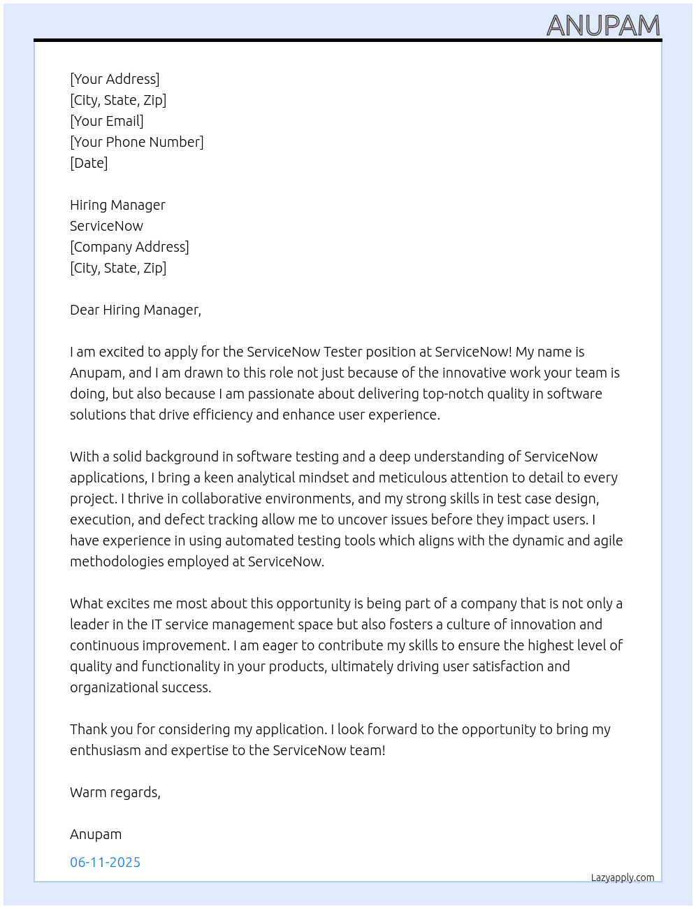 Cover letter for servicenow tester - LazyApply