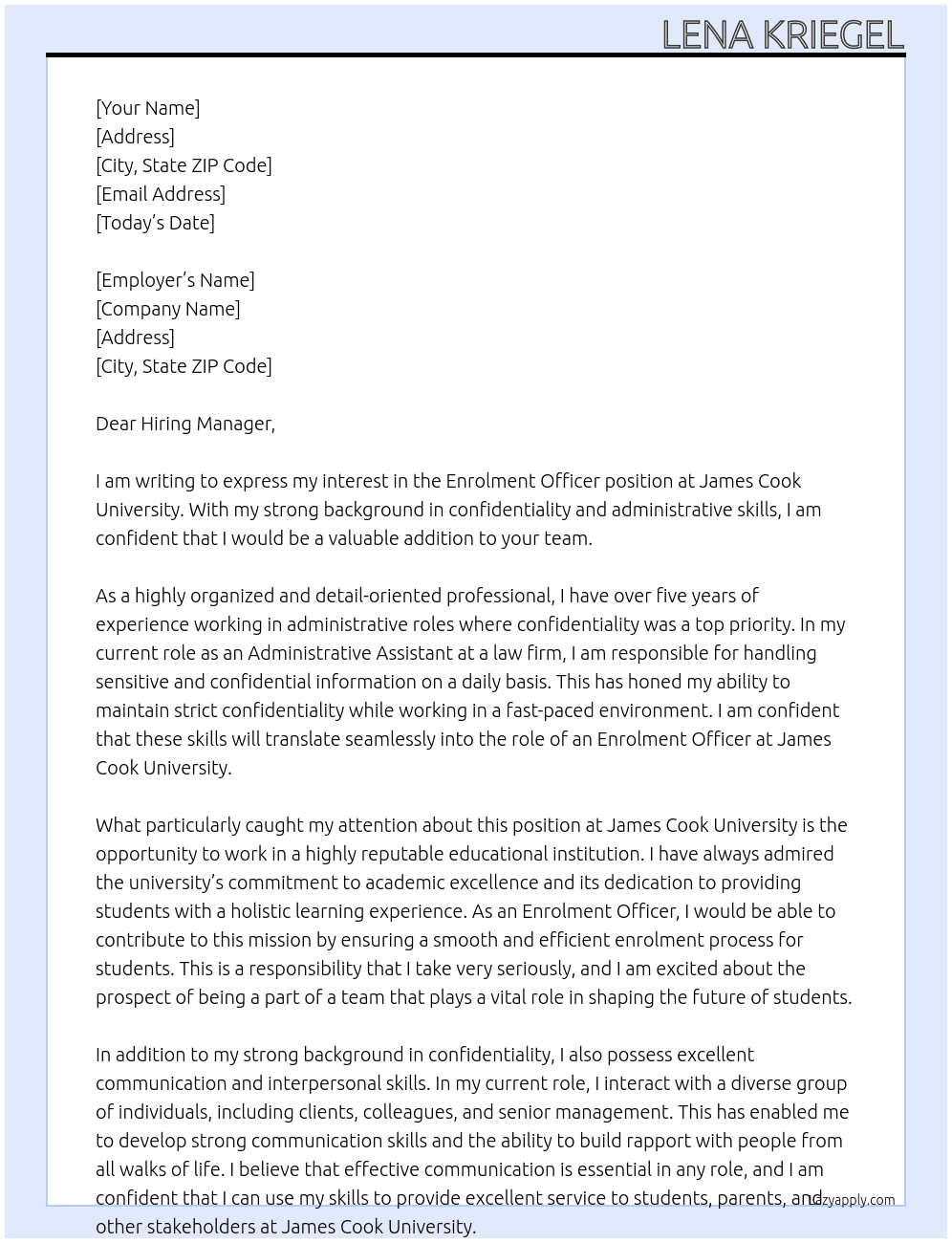 Enrolment Officer At James Cook University  Cover Letter