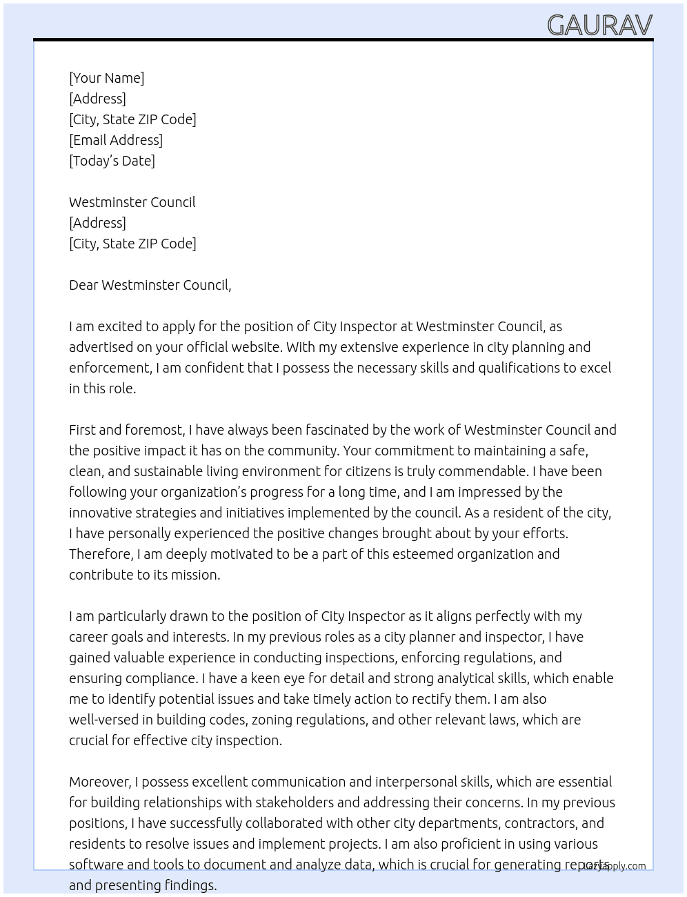City Inspector At Westminster Council Cover Letter