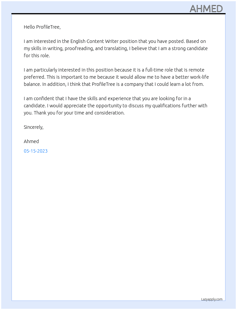 English Content Writer At ProfileTree Cover Letter