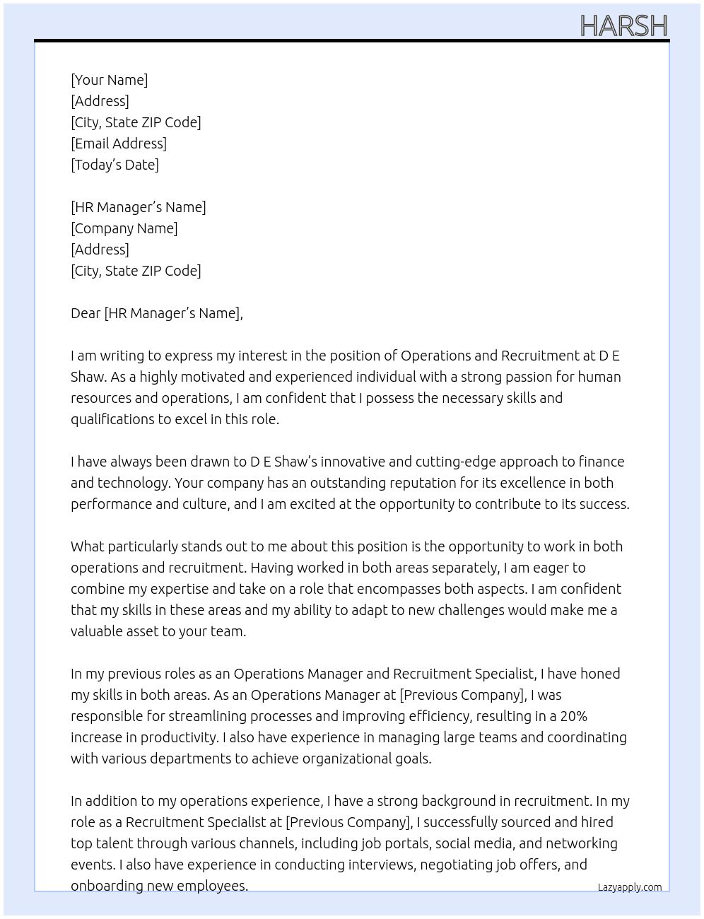 Operations and recruitment  At D E Shaw Cover Letter