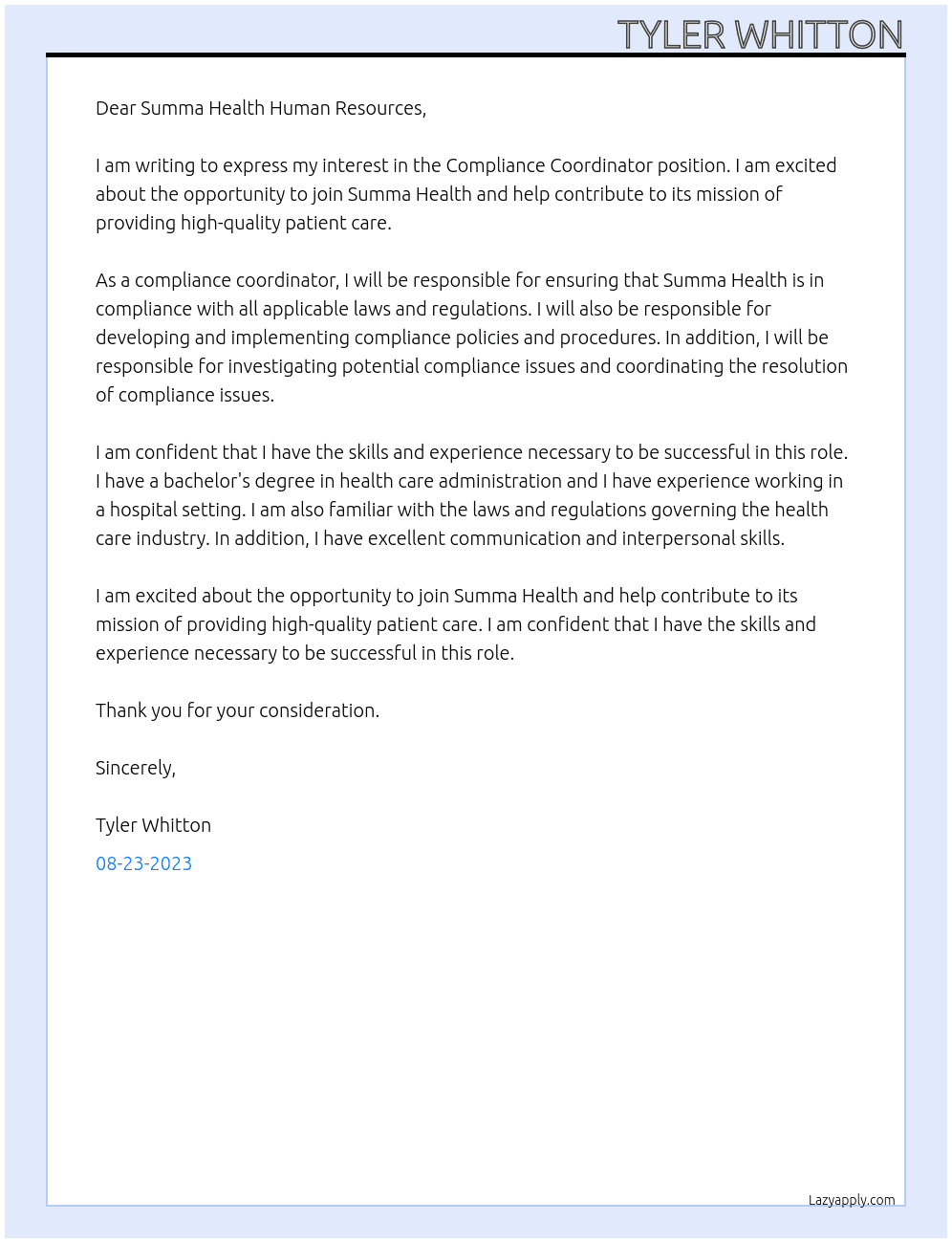 Compliance Coordinator At Summa Health Cover Letter