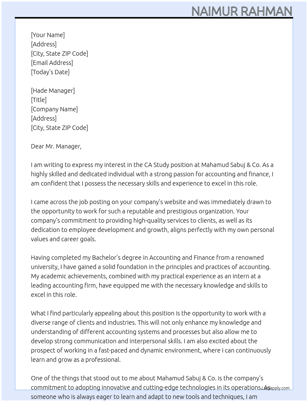 CA stady At Mahamud Sabuj & Co. Cover Letter