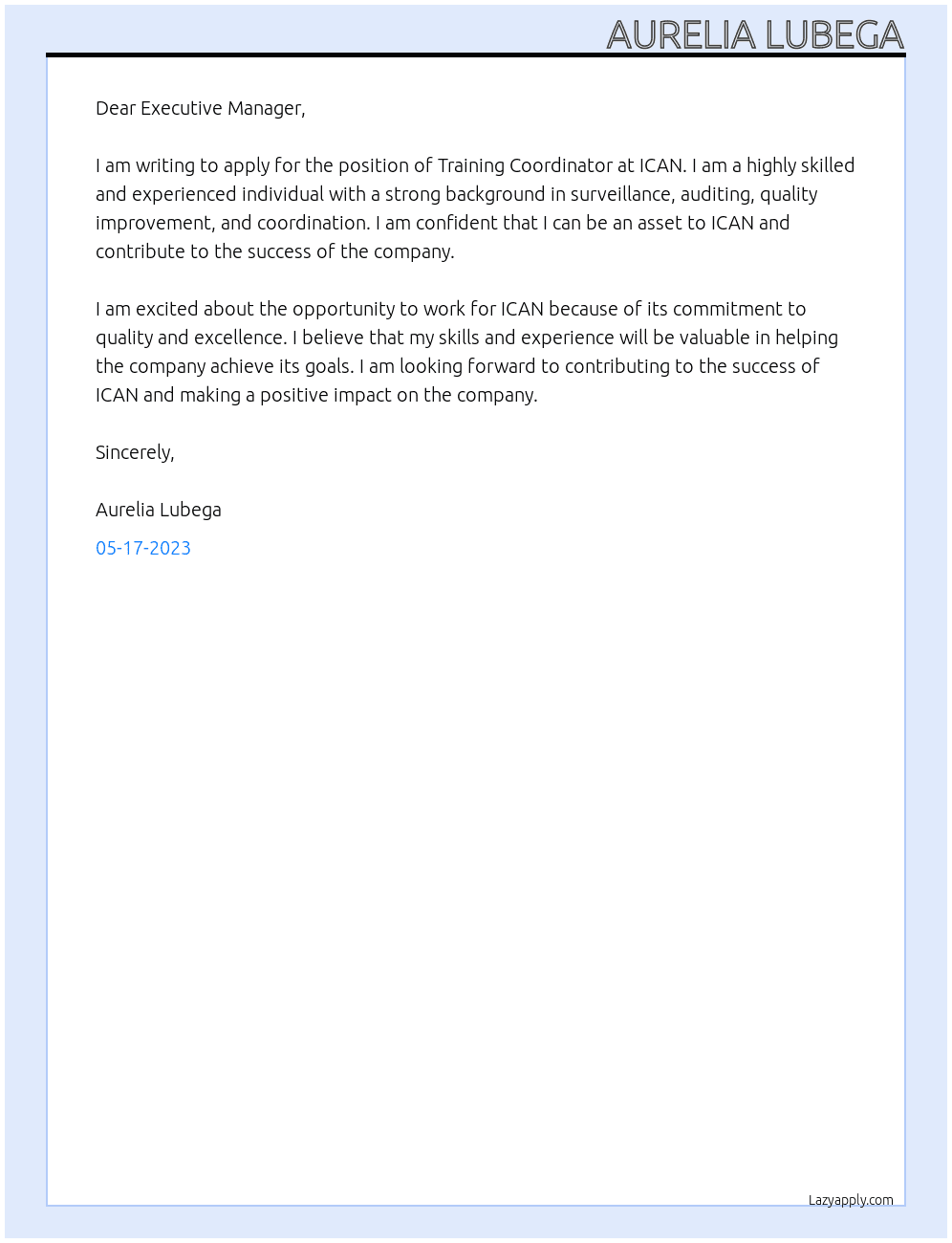 Training coordinator  At ICAN Cover Letter