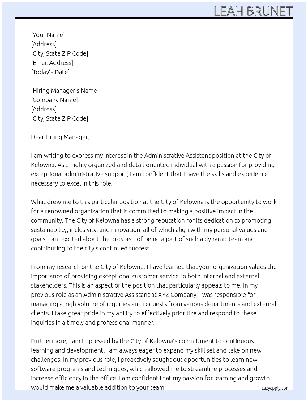 Administrative Assistant At City of Kelowna Cover Letter