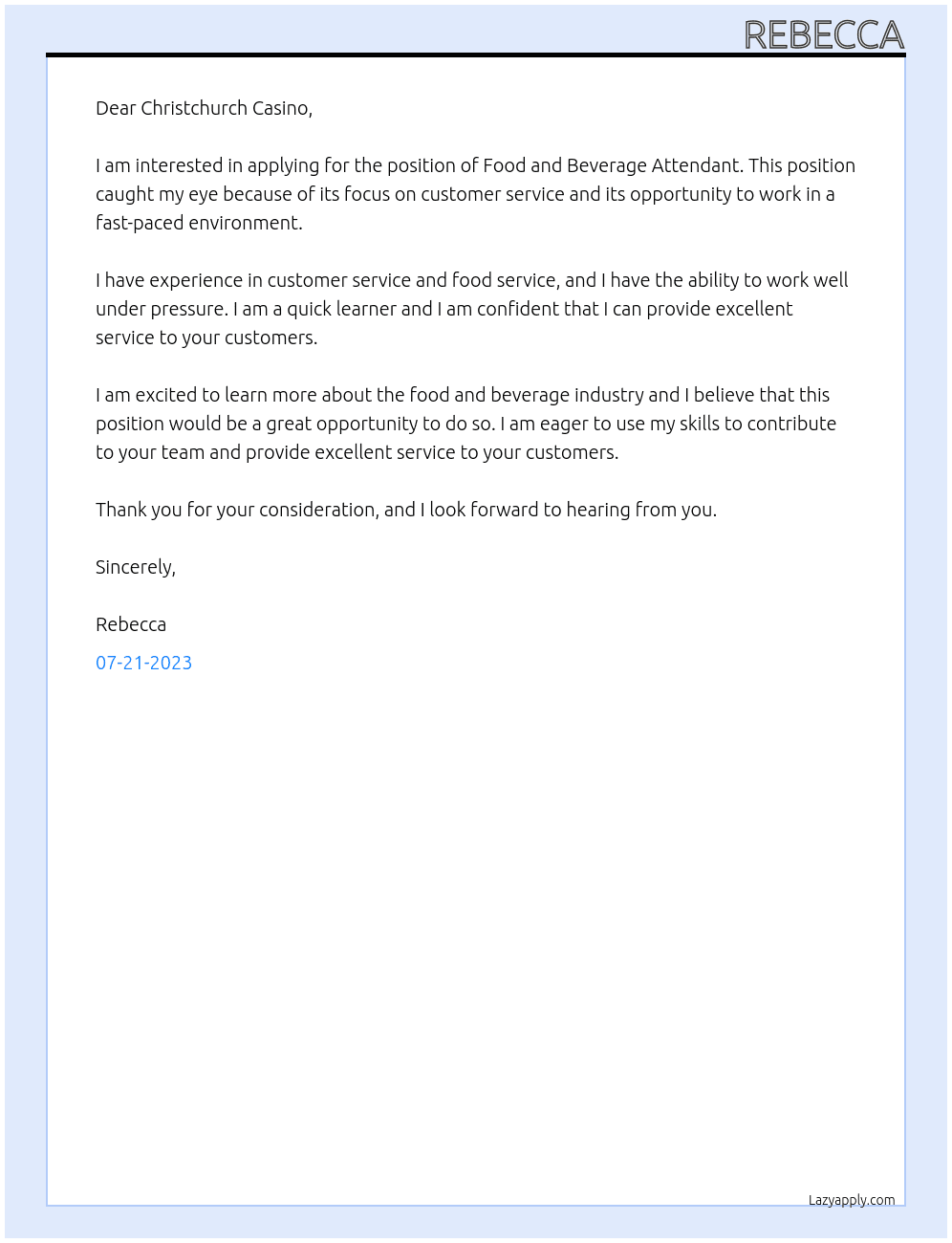 Food and Beverage Attendant  At Christchurch Casino Cover Letter