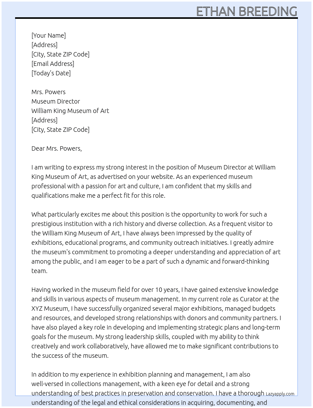 Museum Director At William King Museum of Art Cover Letter