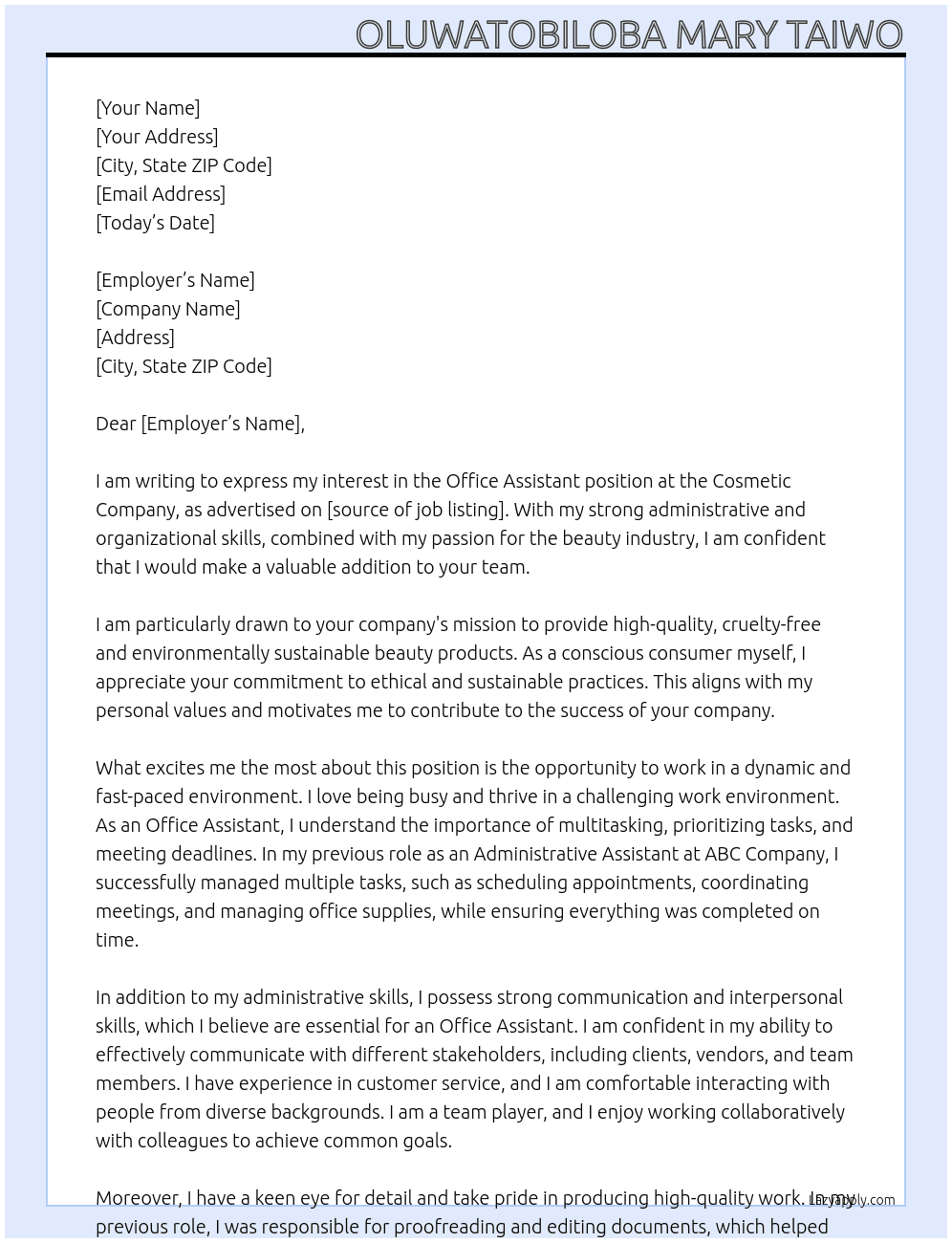 Office Assistant  At Cosmetic Company  Cover Letter