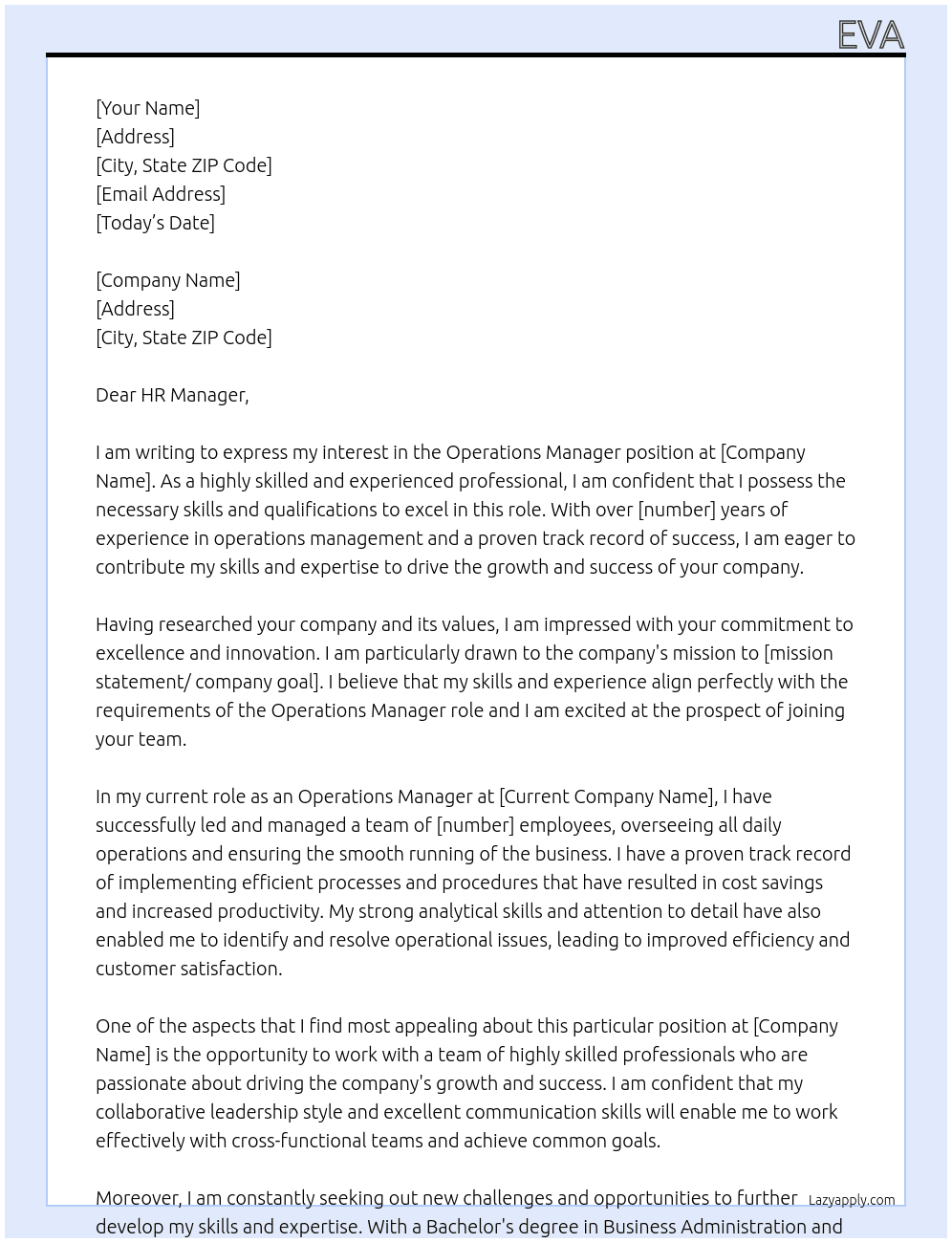 Operations Manager At Eva Cover Letter