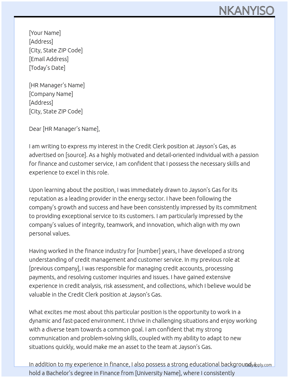CREDIT Clerk  At Jayson's Gas Cover Letter