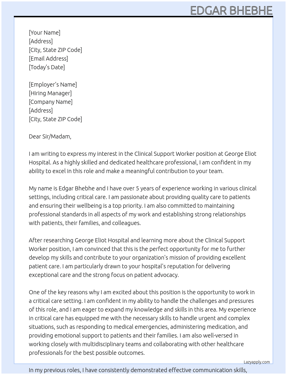 Clinical Support Worker At George Eliot Hospital Cover Letter