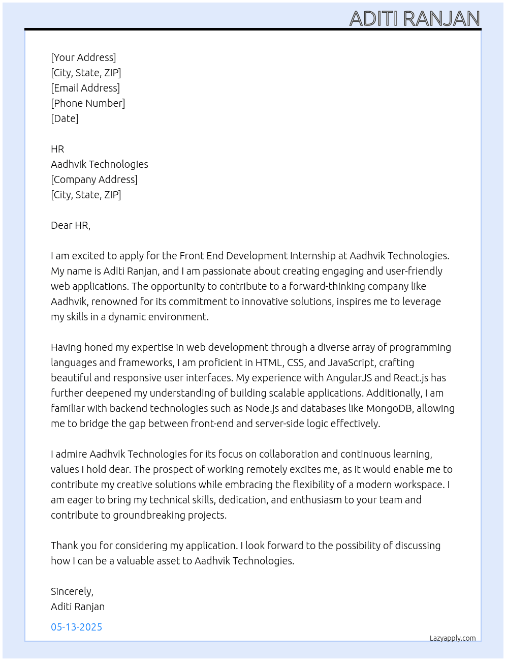 Front End Development At Aadhvik Technologies Cover Letter