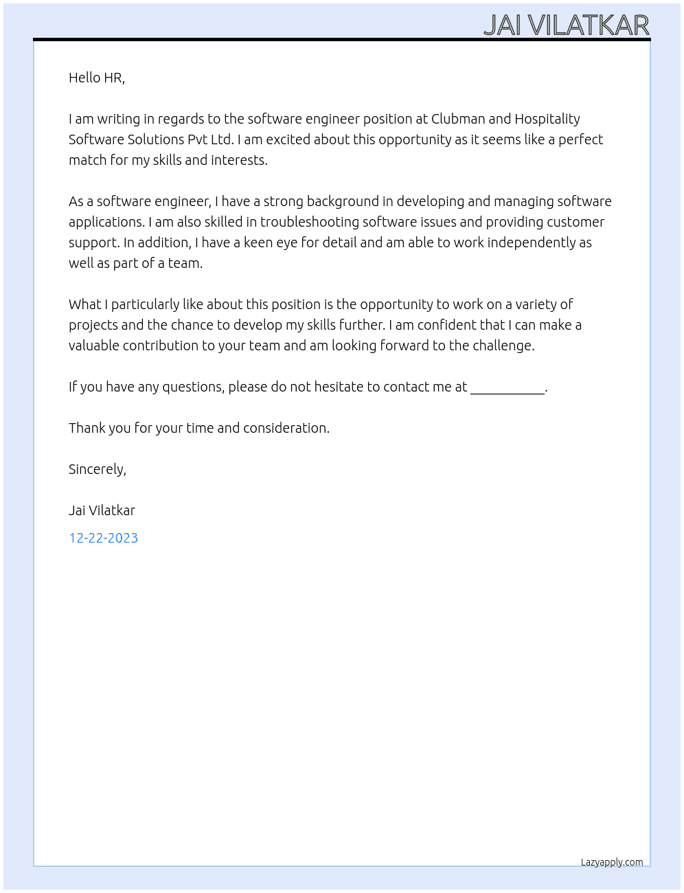 Software Engineer At Clubman and Hospitality Software Solutions Pvt Ltd Cover Letter