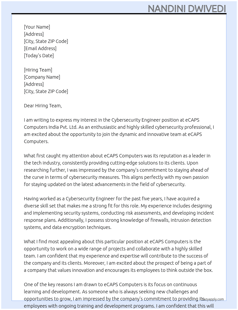 Cybersecurity Enginner At eCAPS Computers India Pvt. Ltd. Cover Letter