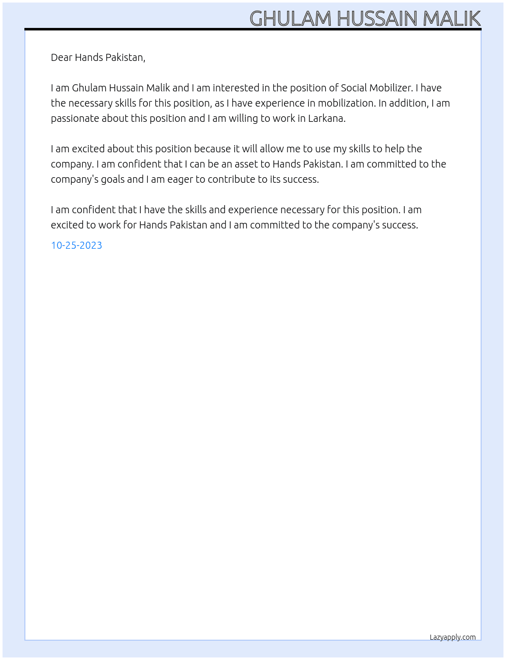Social Mobilizer  At Hands Pakistan  Cover Letter