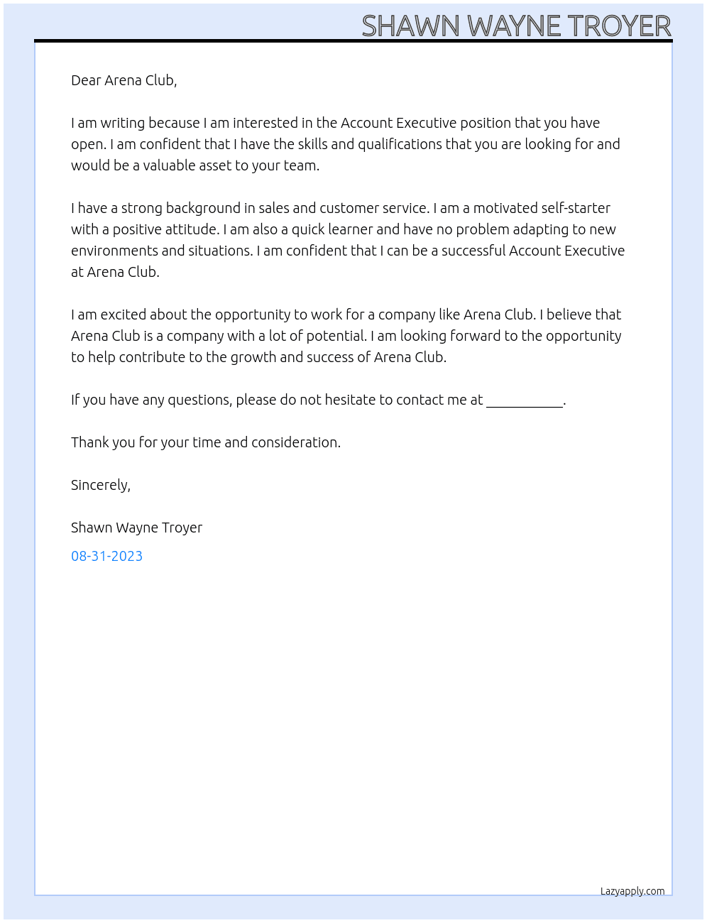 Account Executive At Arena Club Cover Letter